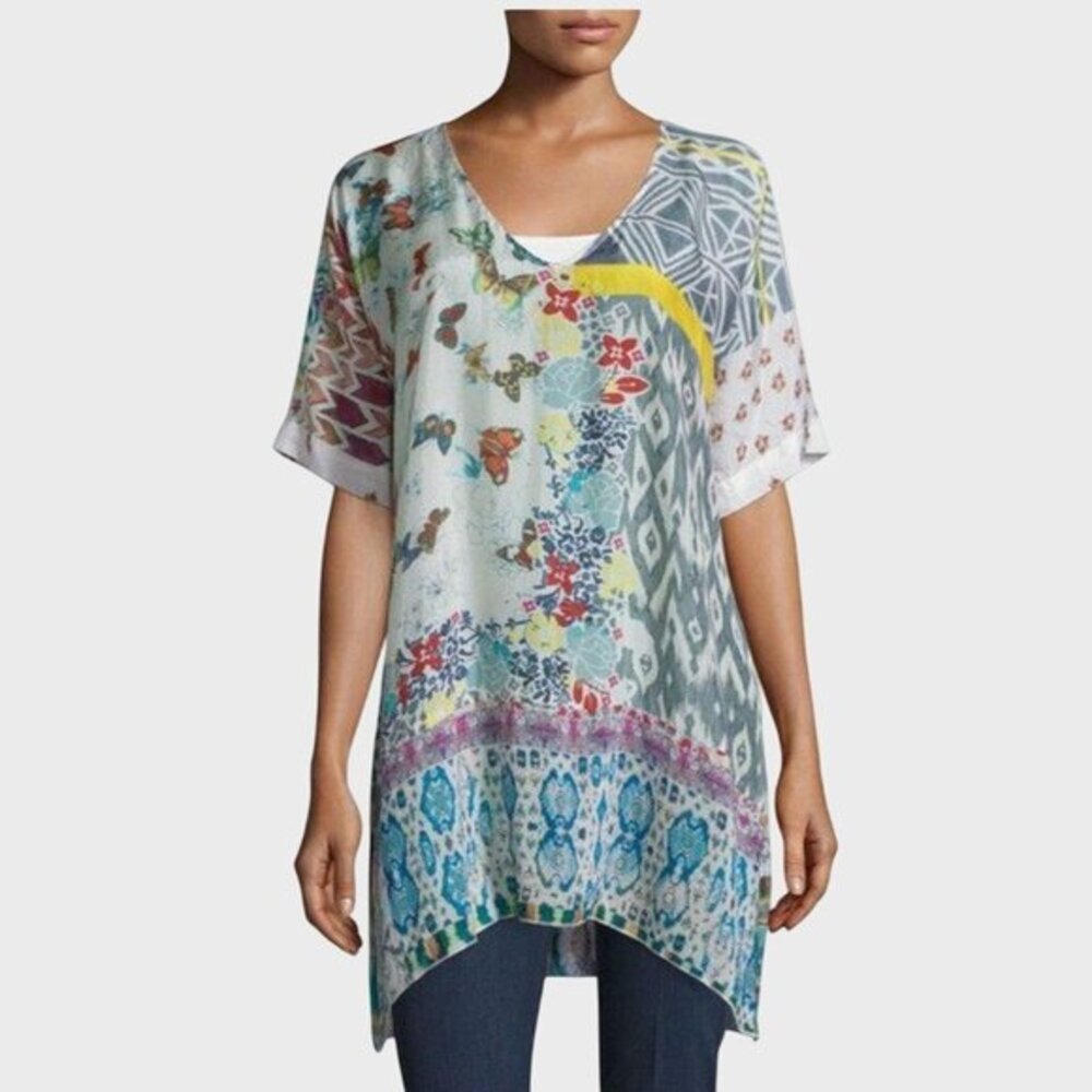 Johnny Was 100% Silk Patchwork Floral Butterfly Asymmetrical Tunic XS Boho